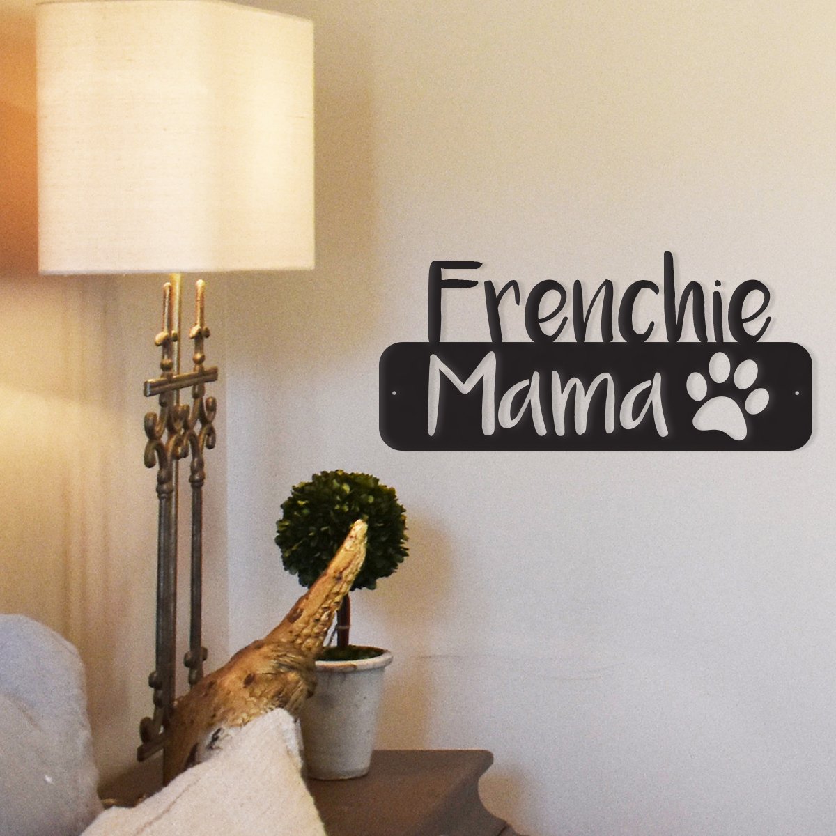 Canis Minor Dog Mama metal wall art featuring a stylish French Bulldog design for home and garden decor.