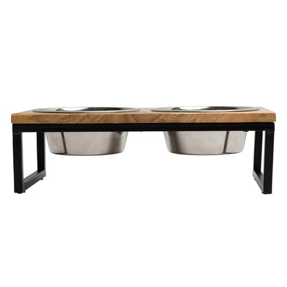 Beige Antigone wood and metal elevated pet feeder with a sleek design, suitable for small to medium-sized pets.