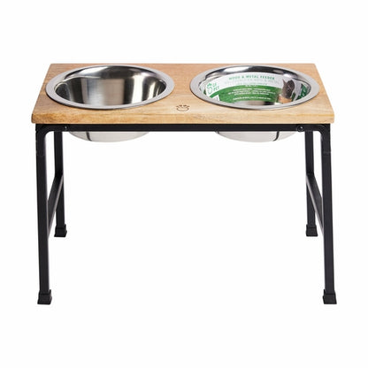 Beige Antigone elevated wood and metal pet feeder with a tall stand, designed for easy feeding of pets.