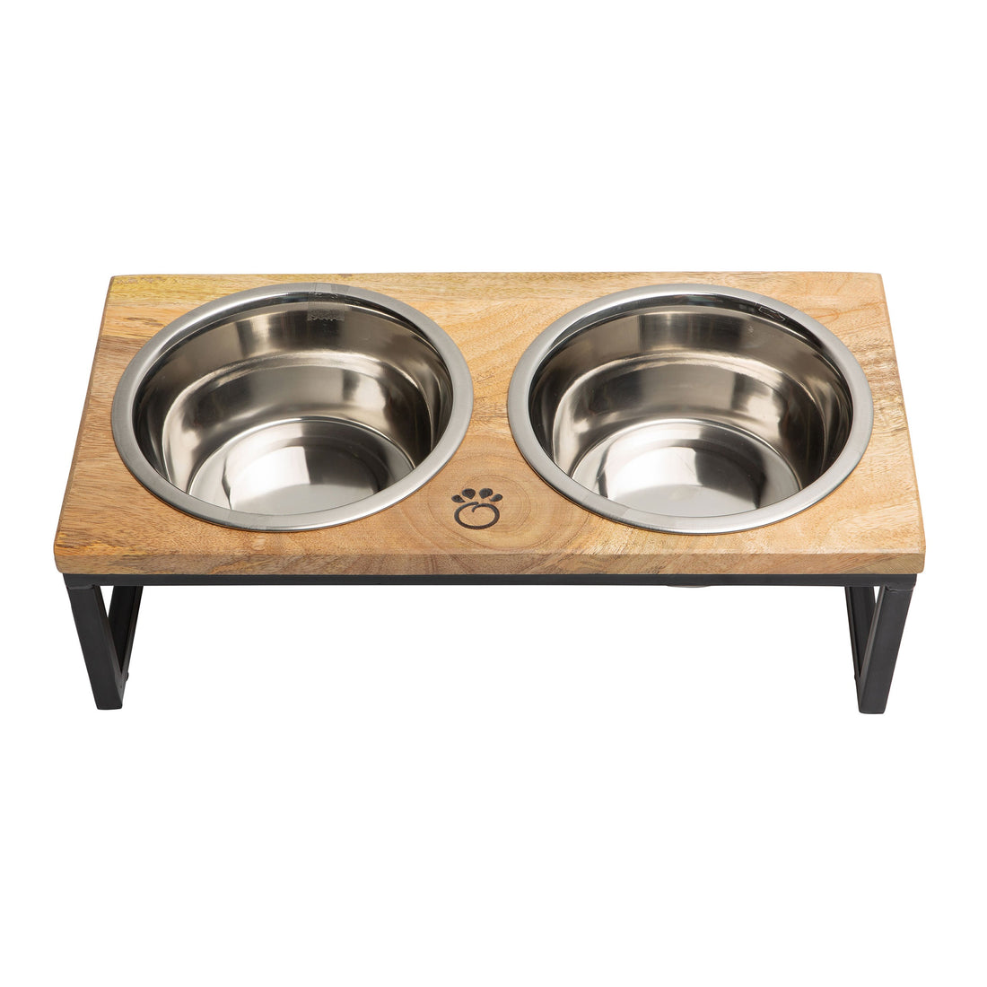 Beige Antigone elevated wood and metal pet feeder with a sleek design, suitable for leash and collar accessories.