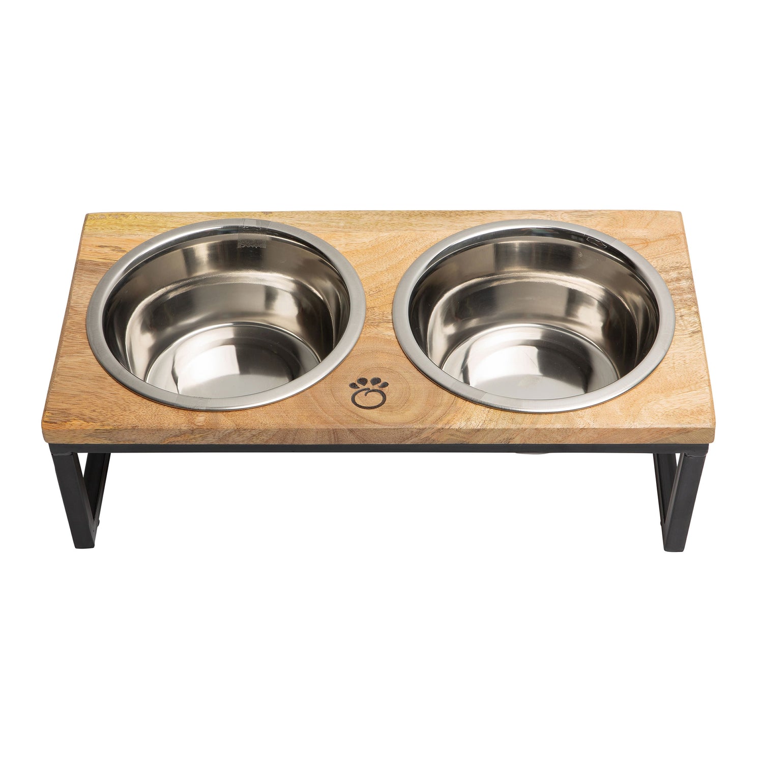 Beige Antigone elevated wood and metal pet feeder with a sleek design, suitable for leash and collar accessories.