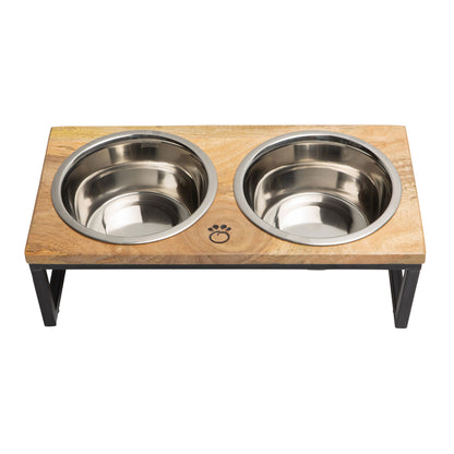 Beige Antigone elevated wood and metal pet feeder with a sleek design, suitable for leash and collar accessories.