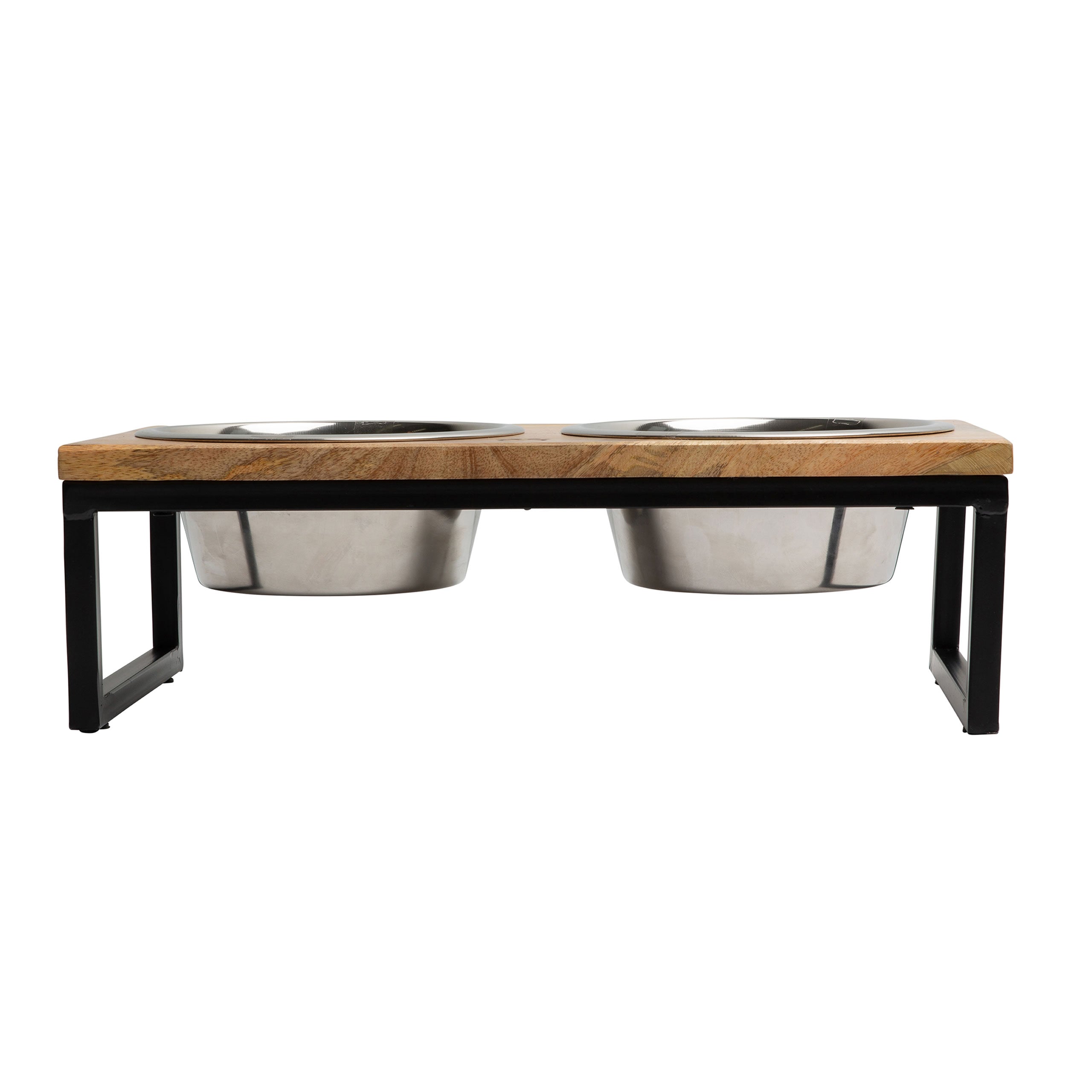 Beige Antigone wooden and metal elevated pet feeder with a sleek design, suitable for pets to dine comfortably.