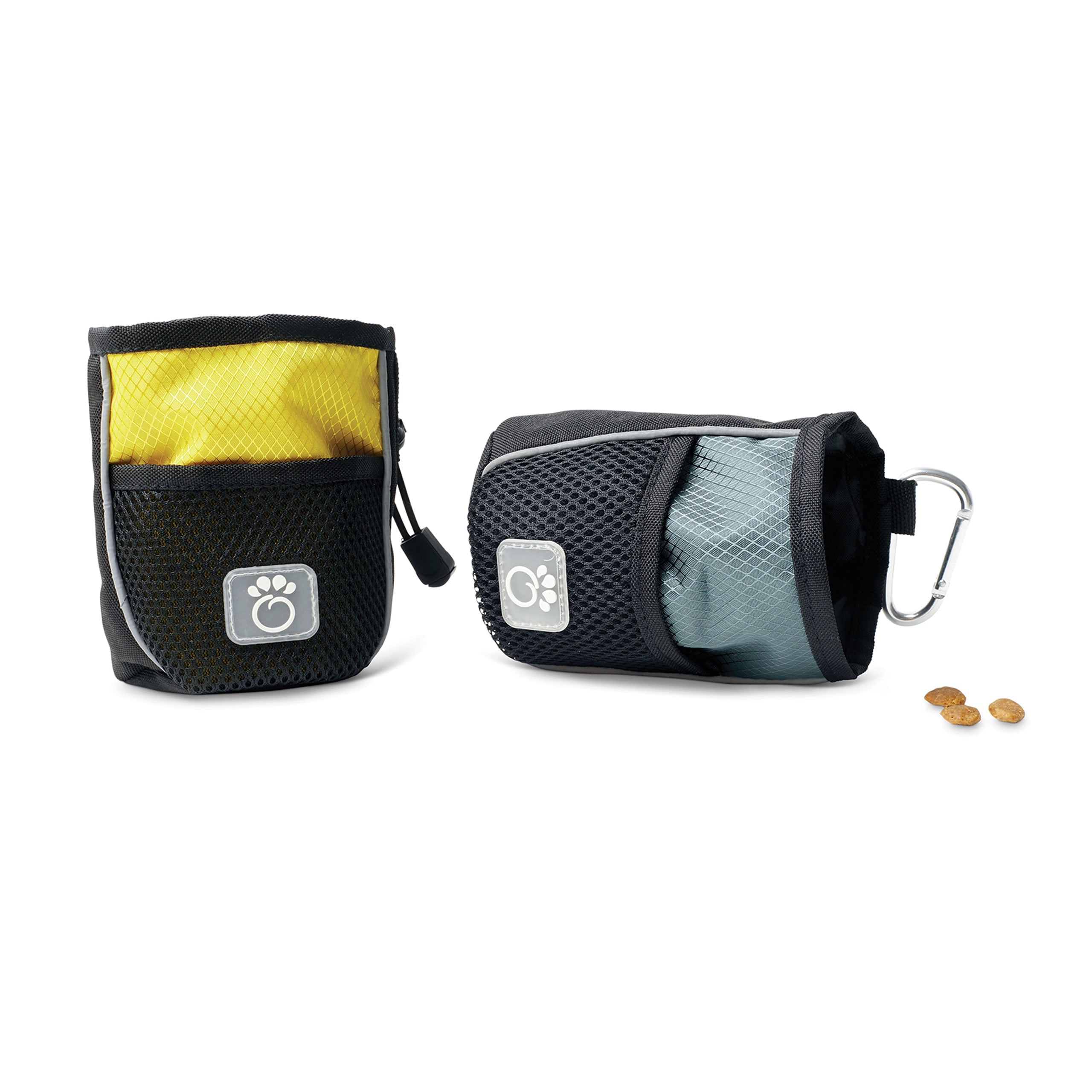Beige Antigone treat bag from leashes and petwear collection, shown with attached strap and open top for treats.
