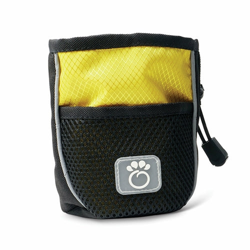 Yellow treat bag from Beige Antigone leash, collar, and petwear collection, featuring a compact, lightweight design for pet treats.