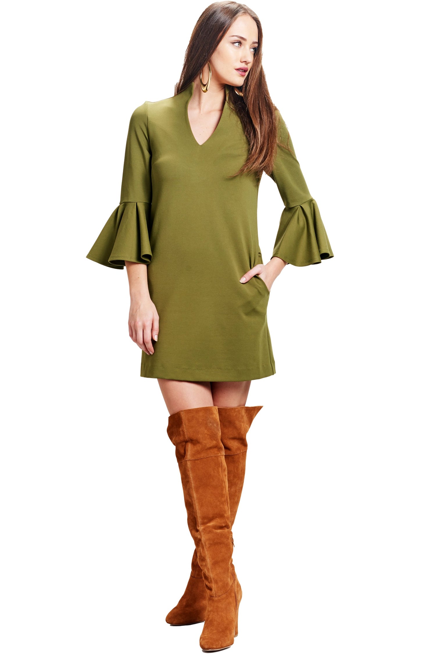 Olive Gina dress by Peach Dionysus featuring bell sleeves, a shift style, and side slit pockets, shown from the front.