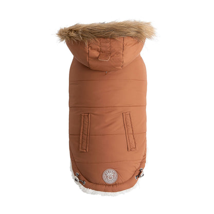 Beige Antigone urban caramel parka for dogs, stylish petwear with a cozy, functional design for outdoor walks.