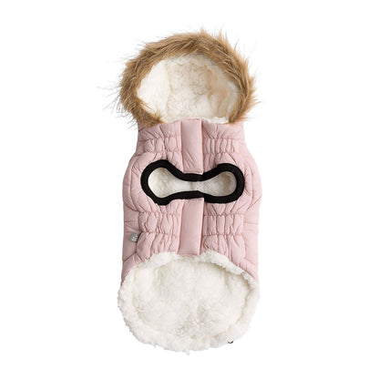Pink Urban Parka for pets by Beige Antigone, featuring warm, stylish petwear with a cozy hood and adjustable fit.