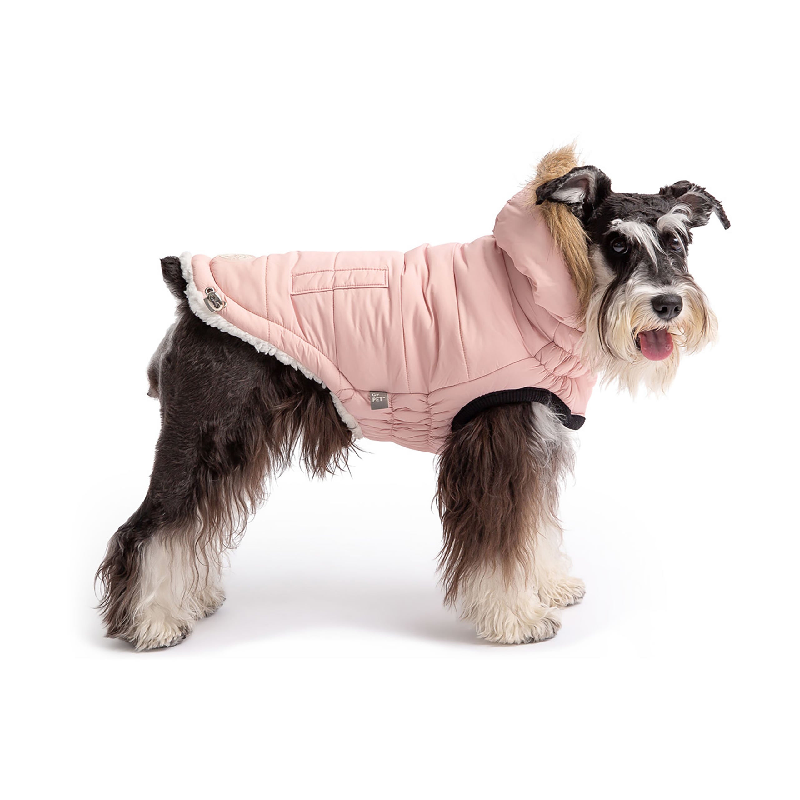 Pink Urban Parka for dogs by Beige Antigone, stylish pet coat with a cozy, weather-resistant design for outdoor walks.