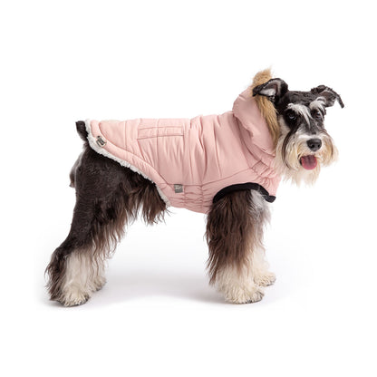 Pink Urban Parka for dogs by Beige Antigone, stylish pet coat with a cozy, weather-resistant design for outdoor walks.
