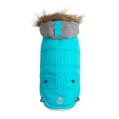 Beige Antigone Winter Sailor Parka in aqua for pets, featuring a stylish, cozy design with a sailor-inspired look.