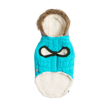 Aqua Winter Sailor Parka for pets by Beige Antigone, featuring navy blue fabric with sailor-inspired design and hood.