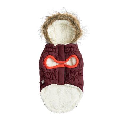 Beige Antigone Burgundy Winter Sailor Parka for pets, stylish burgundy pet coat with sailor-inspired design.