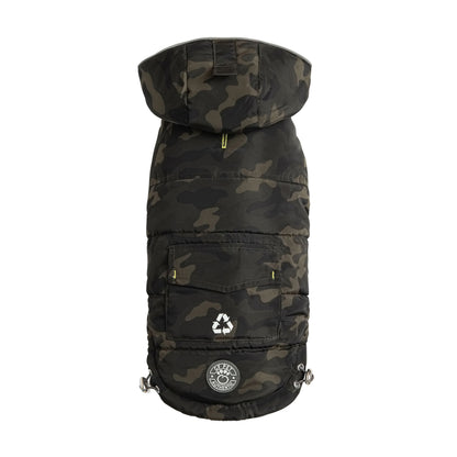 Beige Antigone recycled camouflage parka for pets, showcasing a cozy, eco-friendly petwear design with camouflage pattern.