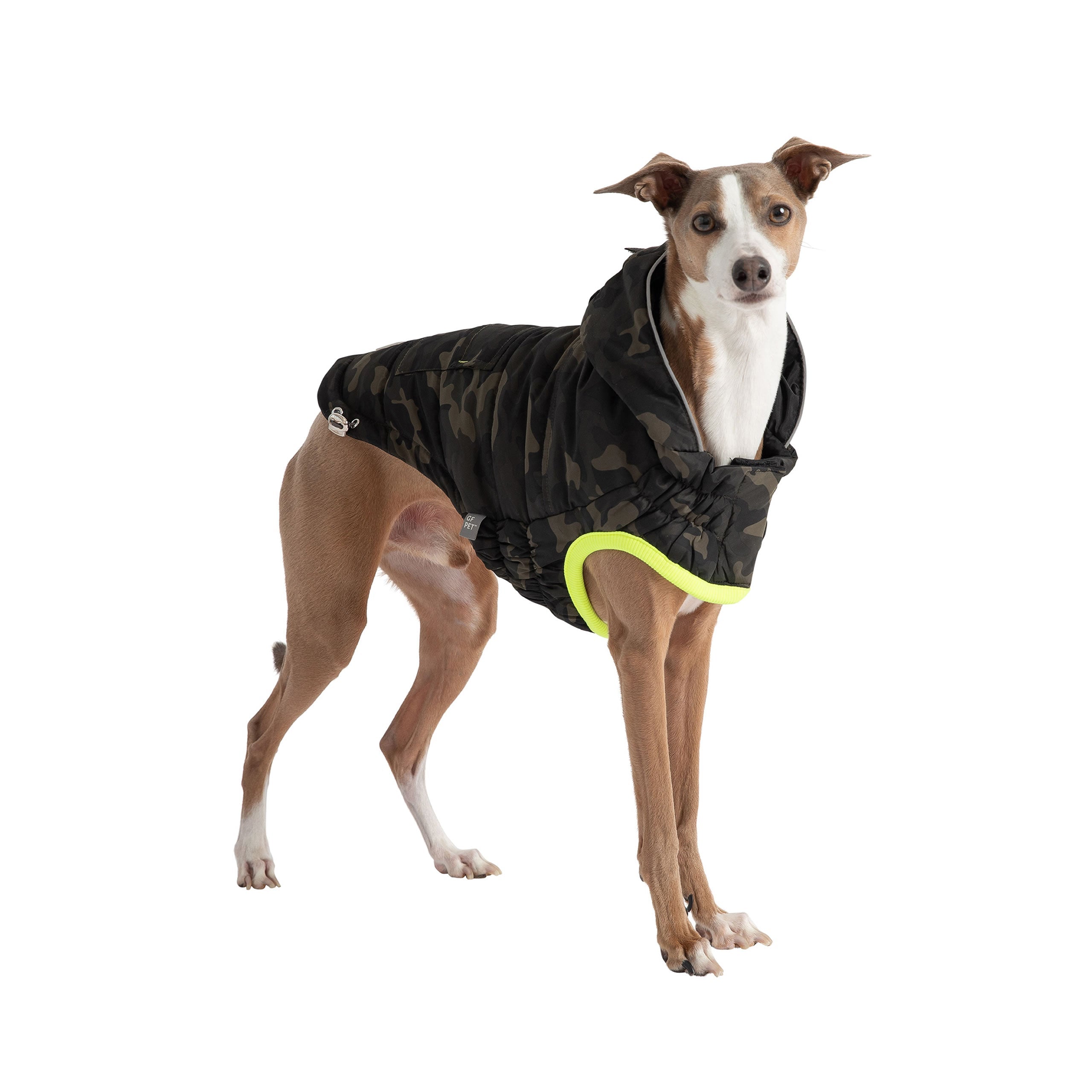 Beige Antigone recycled camouflage parka for pets, showcasing eco-friendly, stylish petwear with a camouflage pattern.