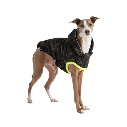 Beige Antigone recycled camouflage parka for pets, showcasing eco-friendly, stylish petwear with a camouflage pattern.