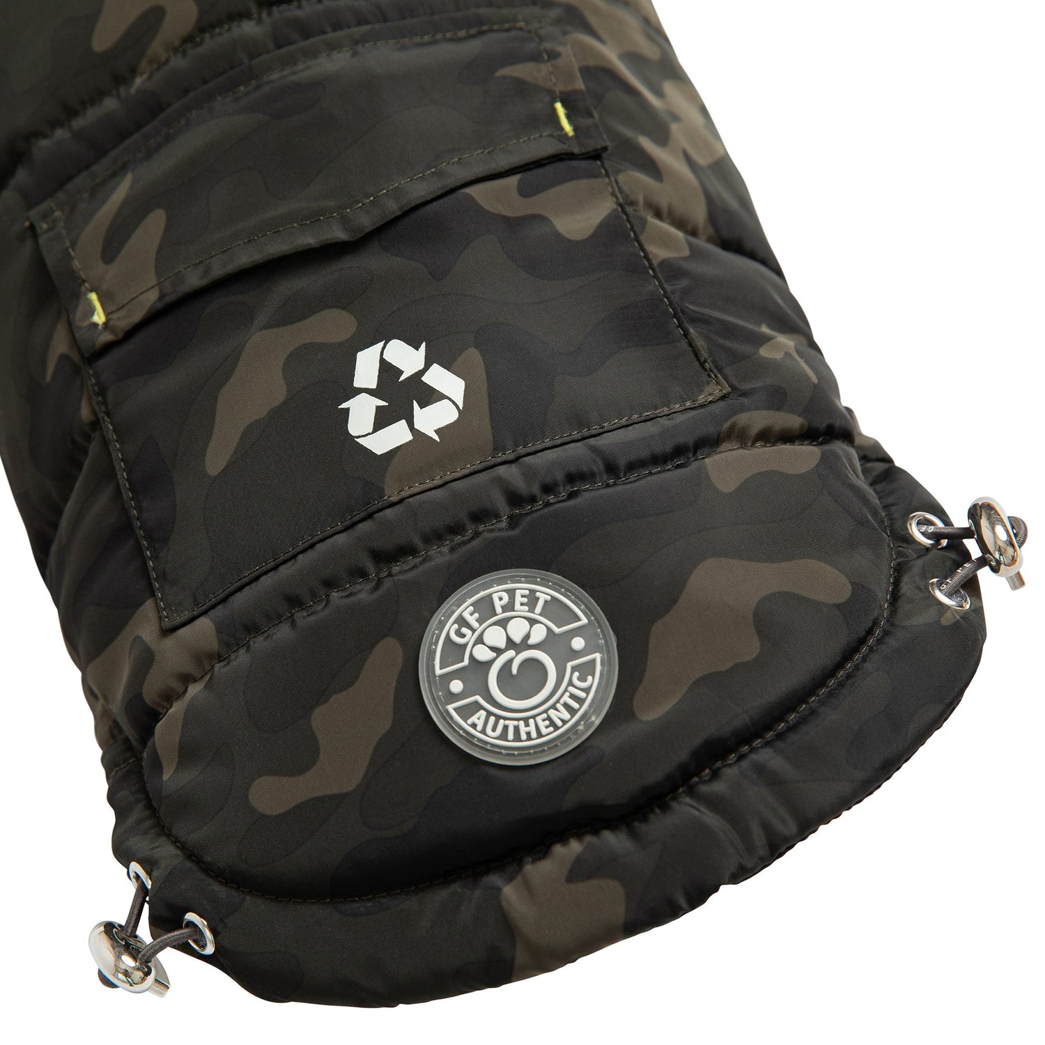 Beige Antigone recycled camouflage parka for pets, featuring durable, eco-friendly fabric with stylish camouflage pattern.