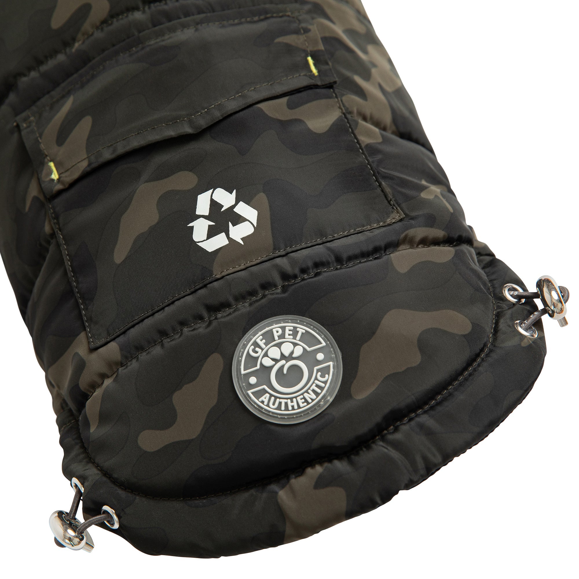 Beige Antigone recycled camouflage parka for pets, featuring durable, eco-friendly fabric with stylish camouflage pattern.