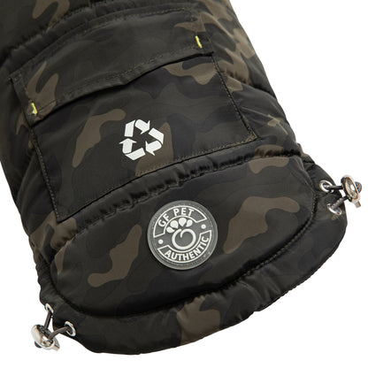 Beige Antigone recycled camouflage parka for pets, featuring durable, eco-friendly fabric with stylish camouflage pattern.