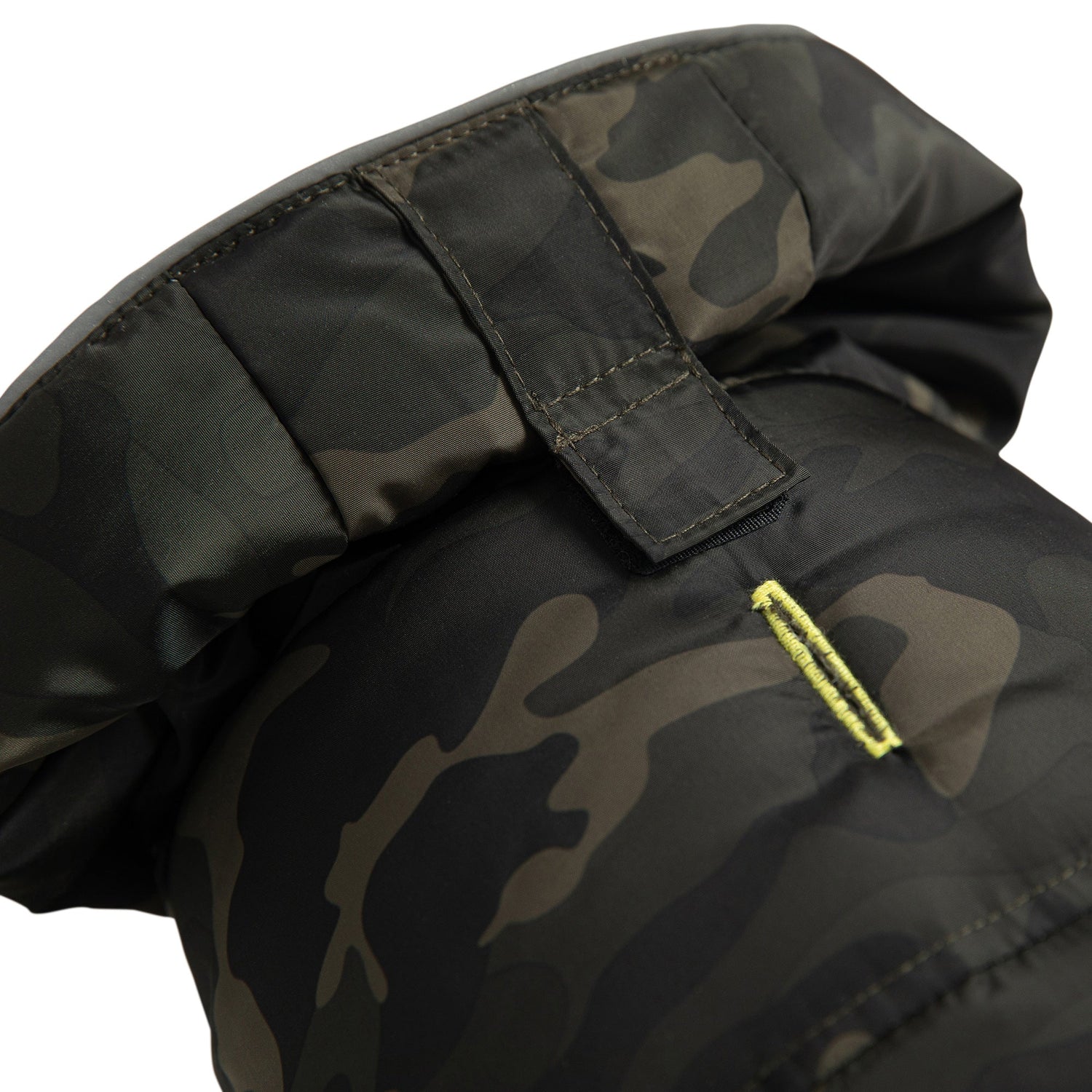 Beige Antigone recycled camouflage parka for pets, shown on a dog, made from eco-friendly materials, with a cozy, stylish fit.