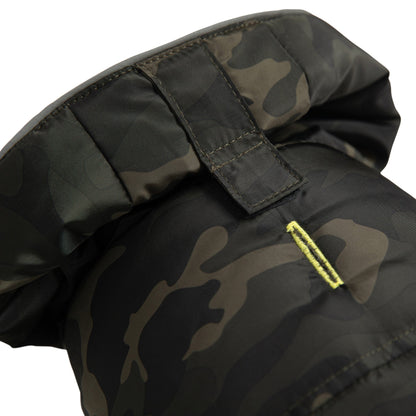 Beige Antigone recycled camouflage parka for pets, shown on a dog, made from eco-friendly materials, with a cozy, stylish fit.