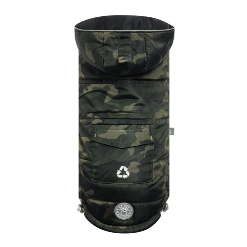 Beige Antigone recycled camouflage parka for pets, stylish and eco-friendly petwear with a camouflage pattern.