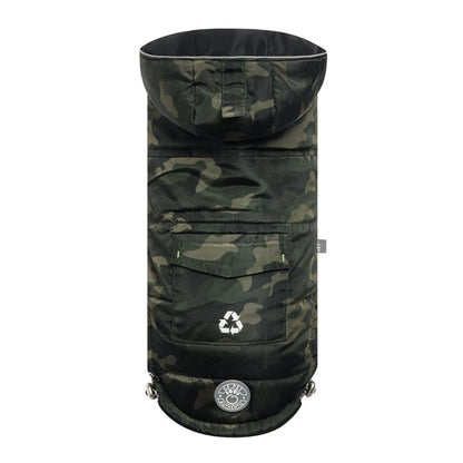 Beige Antigone recycled camouflage parka for pets, stylish and eco-friendly petwear with a camouflage pattern.