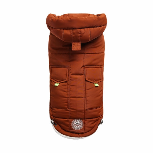 Large beige Antigone Puff Parka for pets, featuring cozy petwear with a stylish hazel color and comfortable fit.