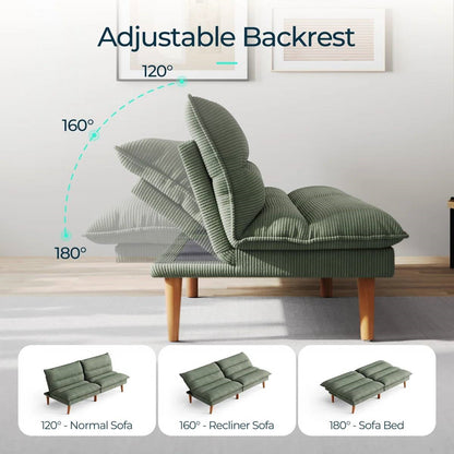 Modern Green Corduroy Fabric Futon Sleeper Sofa Bed Couch with Wood Legs