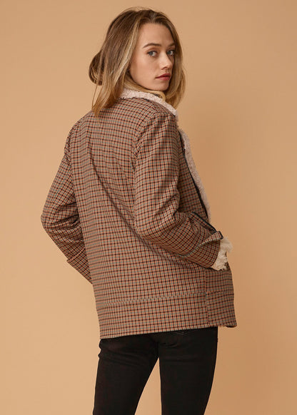 Lemon Hera asymmetrical zip front coat in peach gingham fabric, stylish jackets and coats for a modern look.