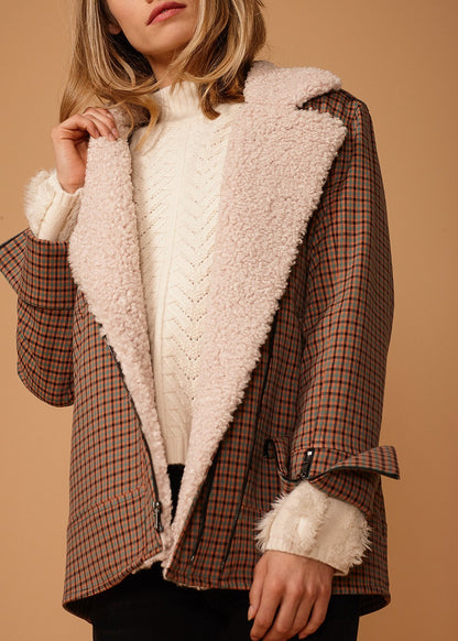Lemon Hera peach gingham asymmetrical zip front coat, stylish jacket with unique design and front zipper detail.