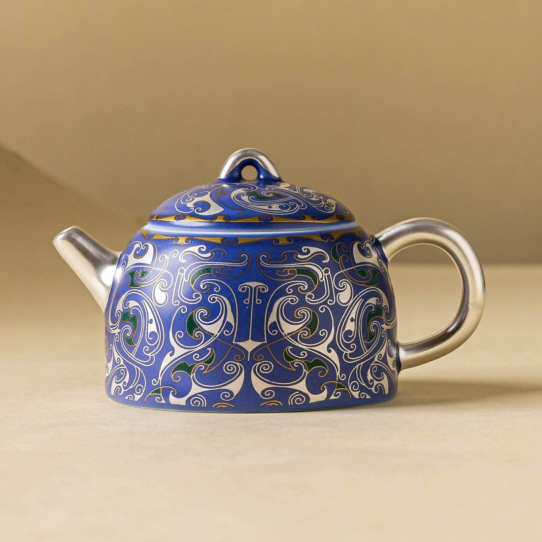 Goseung Imperial Blue silver filigree porcelain teapot with matching saucer, elegant home and garden gift set.