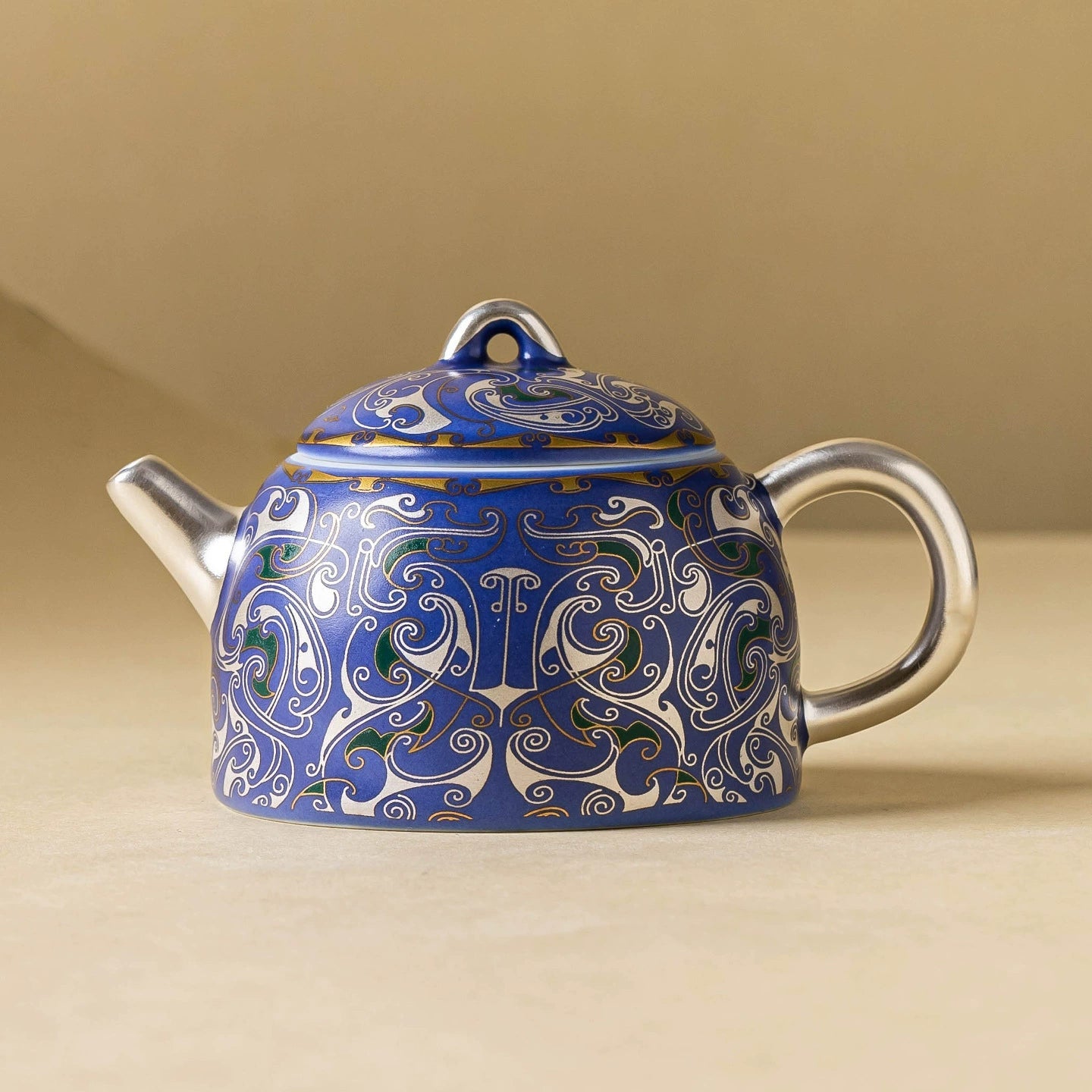Goseung Imperial Blue silver filigree porcelain teapot with matching saucer, elegant home and garden gift set.