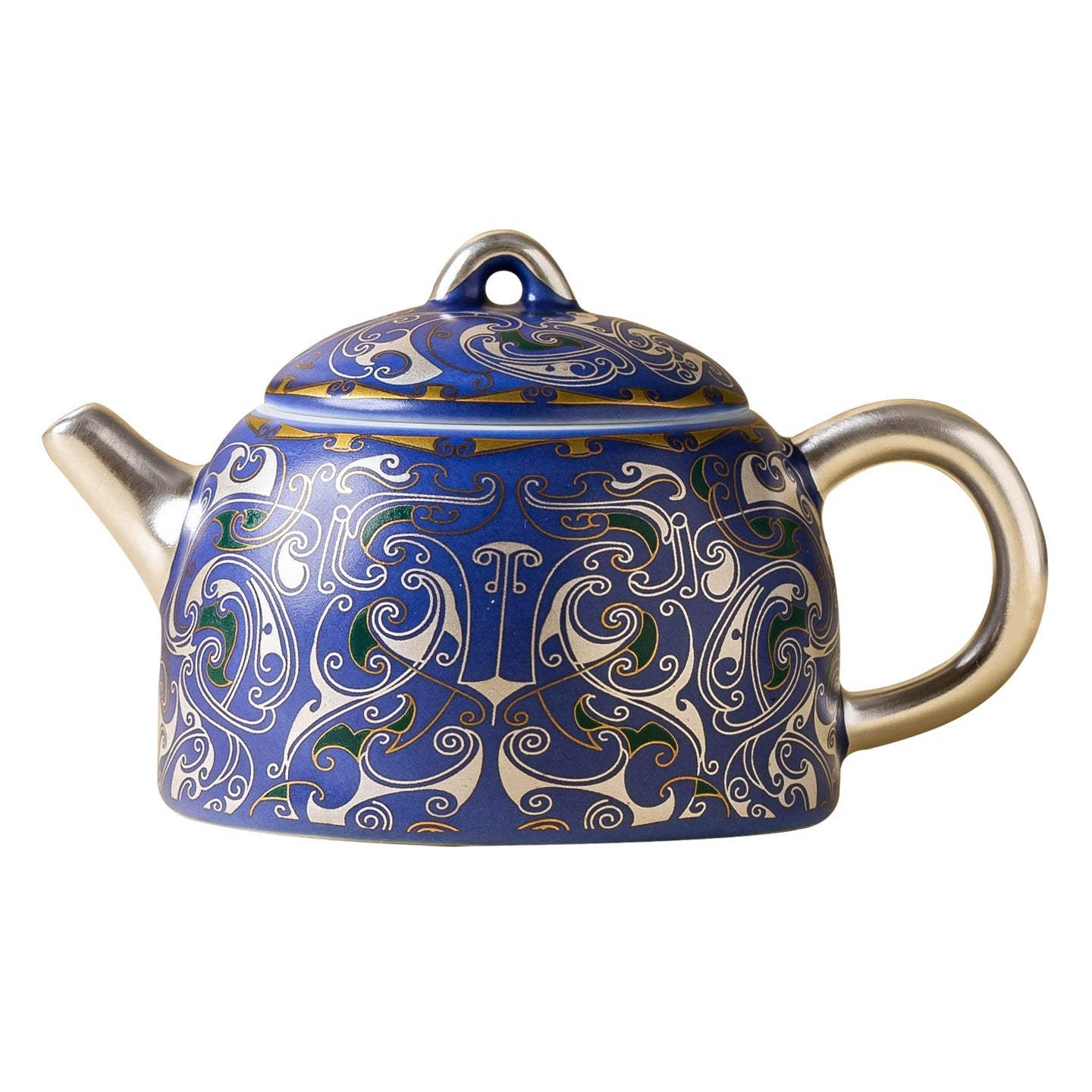 Goseung Imperial Blue silver filigree porcelain teapot with matching saucer, elegant home and garden gift set.