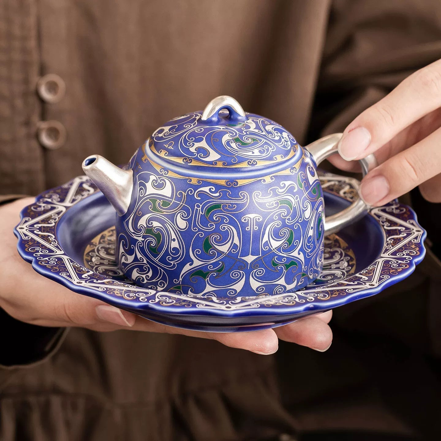 Goseung 999 silver filigree porcelain teapot with royal blue glaze and silver accents, paired with matching saucer, elegant home gift set