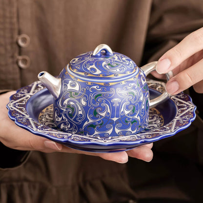 Goseung 999 silver filigree porcelain teapot with royal blue glaze and silver accents, paired with matching saucer, elegant home gift set