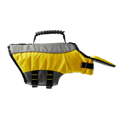 Yellow dog life vest from Beige Antigone, designed for safety and comfort, featuring adjustable straps and buoyant material.