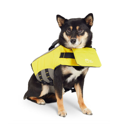 Yellow dog life vest by Beige Antigone with adjustable straps and handle, designed for safe swimming and outdoor adventures.