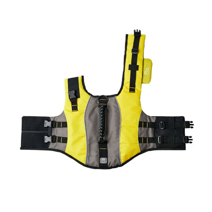 Yellow dog life vest by Beige Antigone with adjustable straps and rescue handle for safety during water activities.