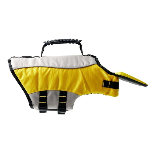 Yellow dog life vest by Beige Antigone featuring adjustable straps and a handle for safety during water activities.