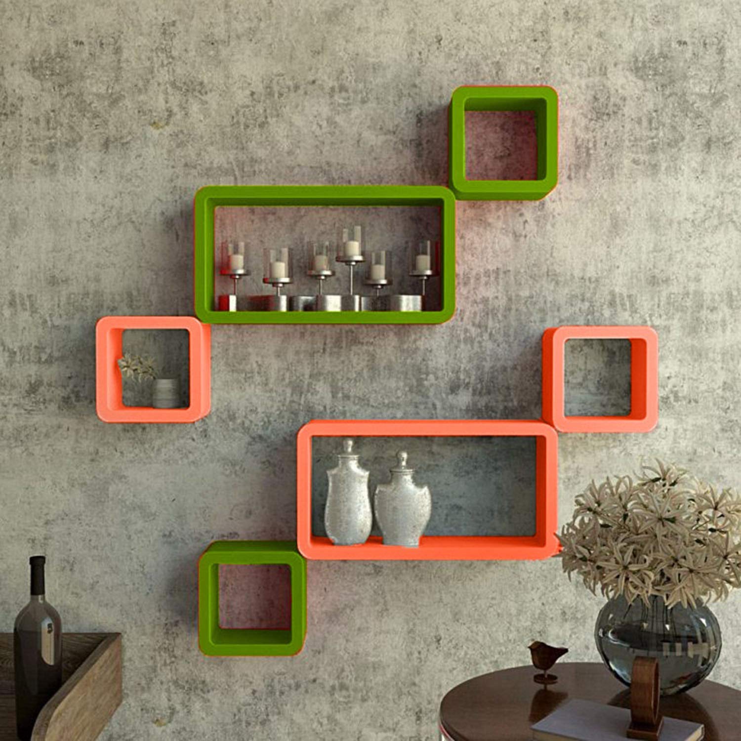 Six-piece green and orange wall shelves by Apricot Lucky, featuring cube and rectangle MDF storage display units for home decor.