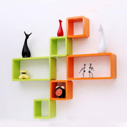 Six green MDF wall shelves in cube and rectangle shapes, perfect for home decor display and storage by Apricot Lucky.