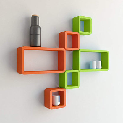 Six green MDF wall shelves, cube and rectangle shapes, for home decor storage and display by Apricot Lucky.