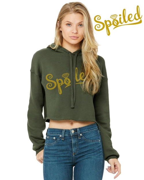 Green spoiled crop top hoodie by Gold Charlie, casual sweater with a relaxed fit and trendy design.