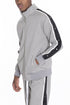 Grey Lime Milo snap button track jacket with a front zipper, ribbed cuffs, and a sporty design, shown on a hanger.