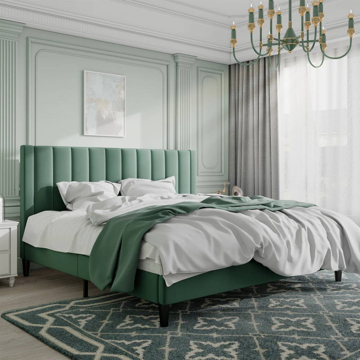King size Modern Green Velvet Upholstered Platform Bed with Headboard