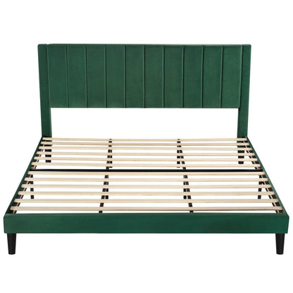 King size Modern Green Velvet Upholstered Platform Bed with Headboard