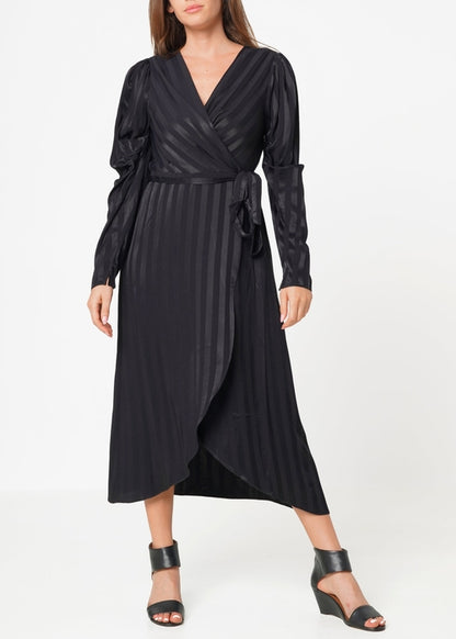 Black stripe satin long sleeve mini dress by Lemon Hera, featuring a sleek, fitted design with elegant long sleeves.
