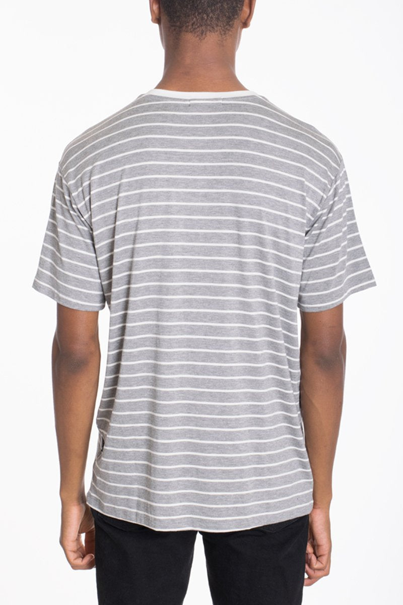 Lime Milo Cotton Stripe Tee 8509, a casual T-shirt with navy and white stripes, displayed on a hanger.