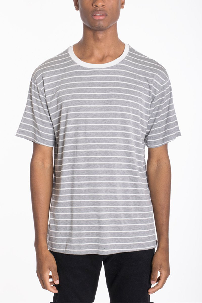 Lime Milo Cotton Stripe Tee 8509, casual t-shirt with blue and white stripes, soft cotton fabric, displayed on a hanger.